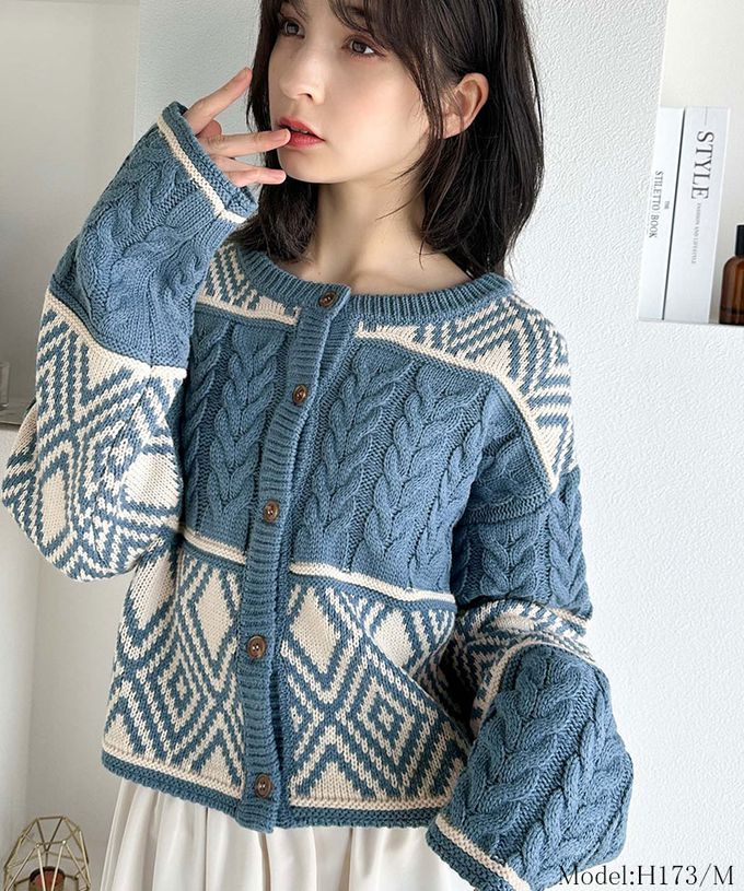 日本 Classical Elf - mily bilet 復古風北歐圖騰2way針織毛衣-藍