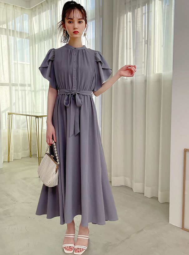 日本 GRL - 柔美綁帶花朵袖雪紡洋裝-冰河灰