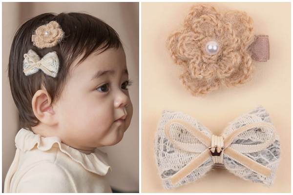韓國 Happy Prince - 蕾絲蝴蝶結珍珠花朵髮飾Set-棕花X杏蝴蝶結
