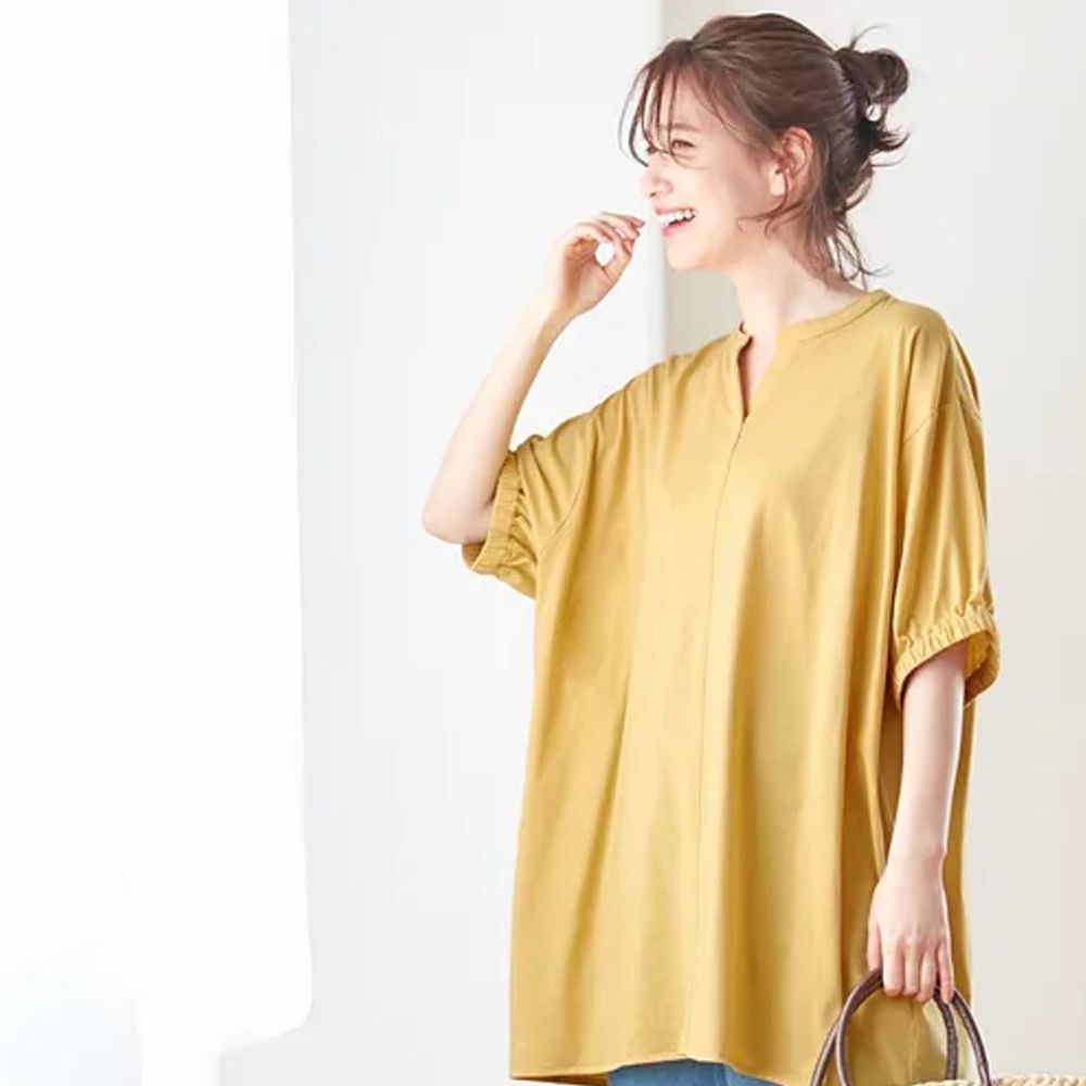 日本 BELLUNA - 防曬涼感 五機能寬鬆長版五分袖上衣-黃