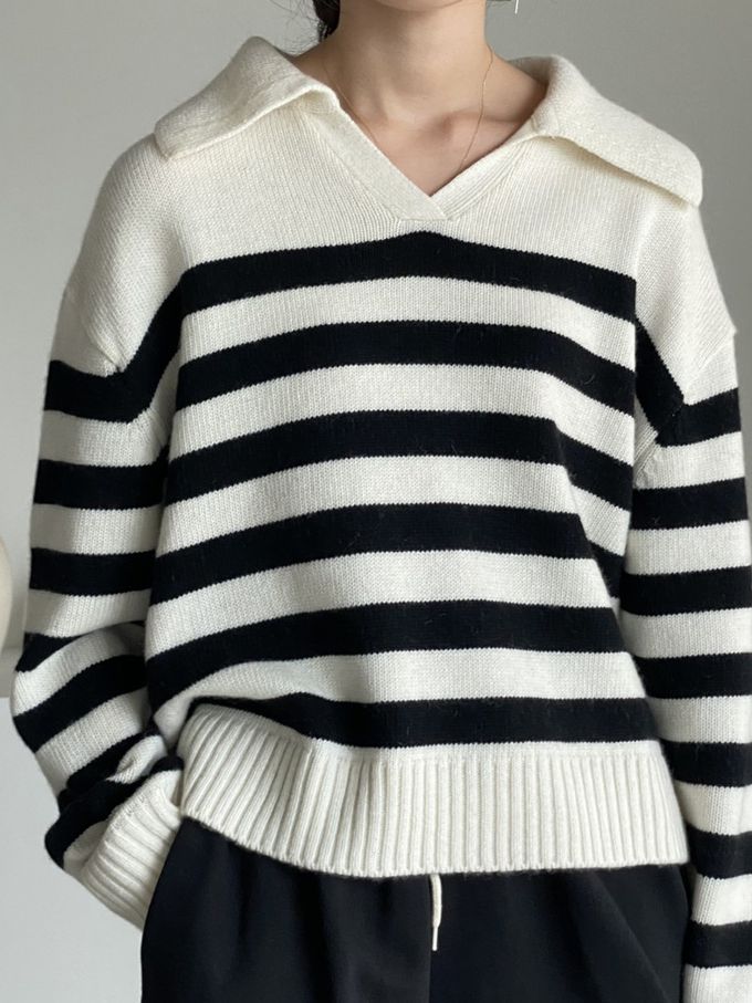 韓國女裝連線 - 精選美麗諾羊毛翻領上衣-米白底X黑條紋 (FREE)
