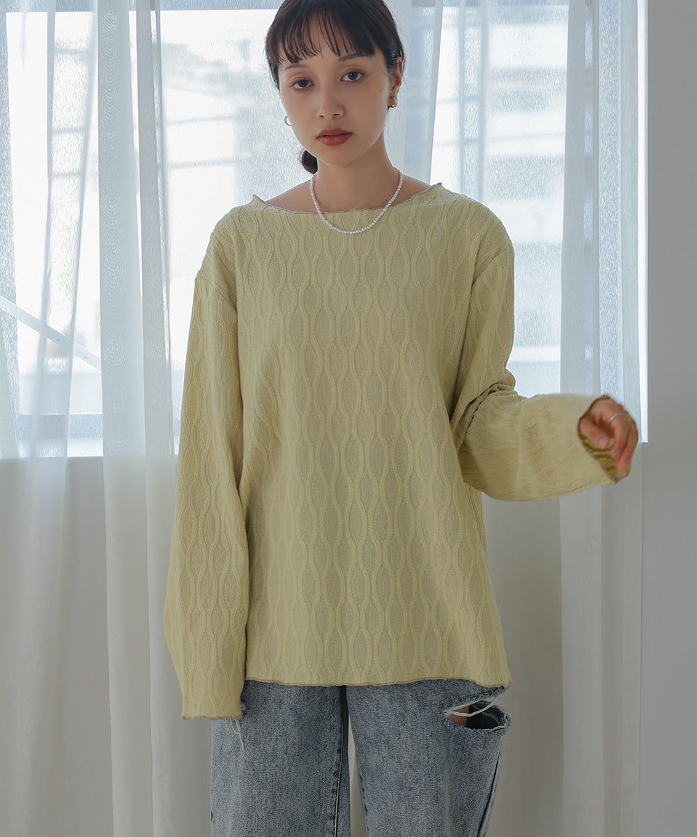 日本 Bab - 質感波紋薄長袖上衣-黑