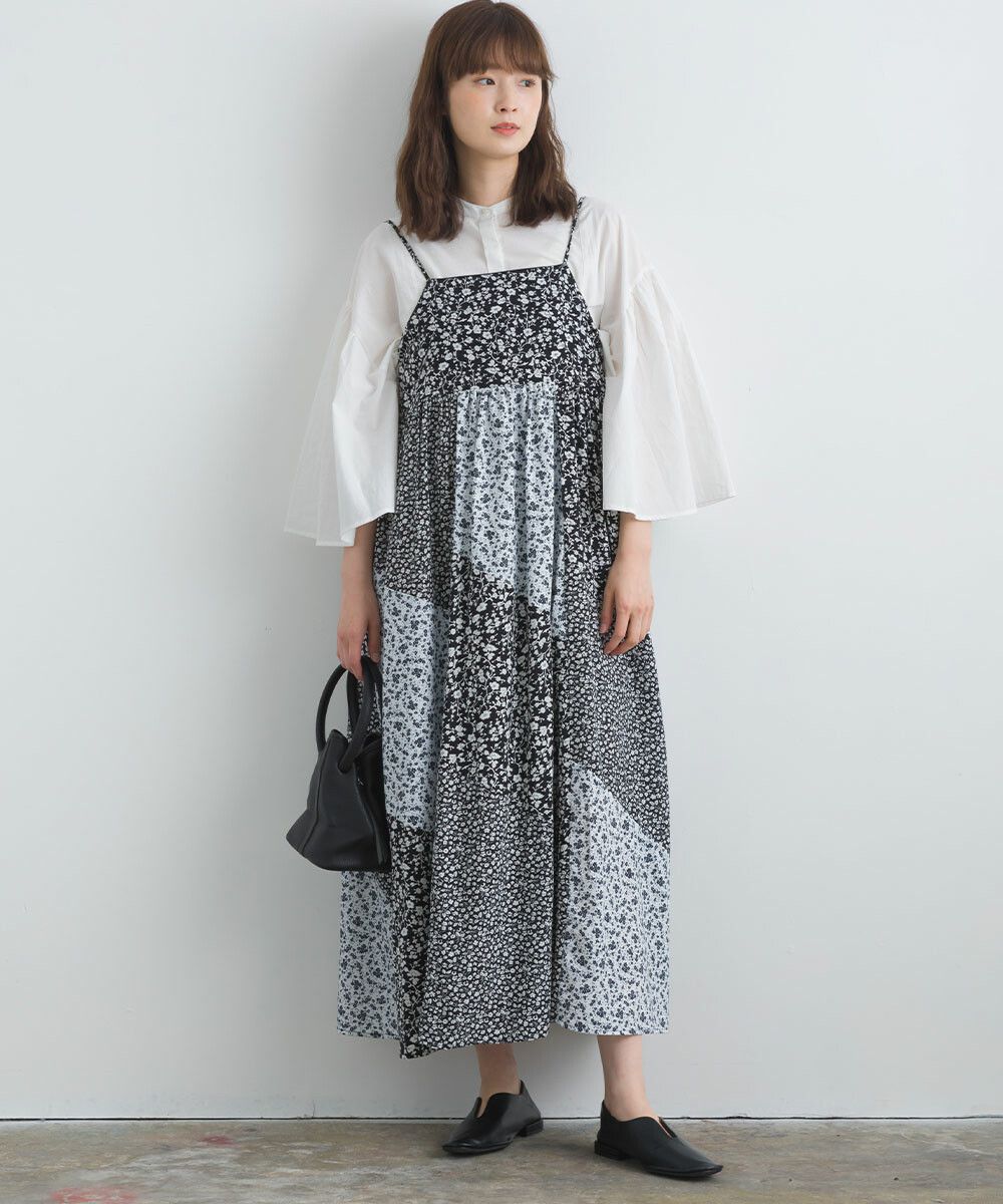 日本女裝代購 - 質感碎花拼接吊帶裙/洋裝-經典黑