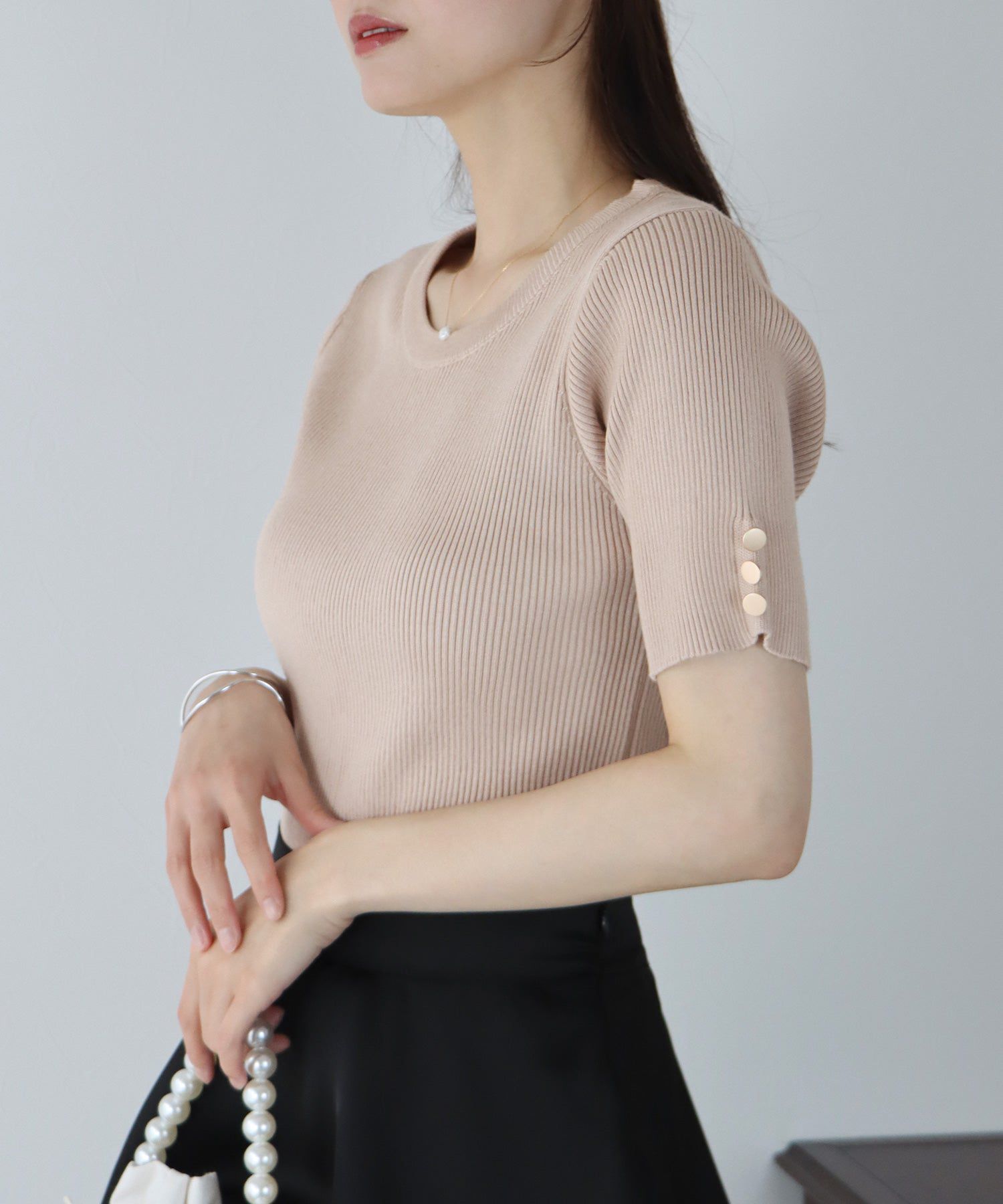 日本 BLUE EAST - 圓領金釦羅紋短袖上衣-白