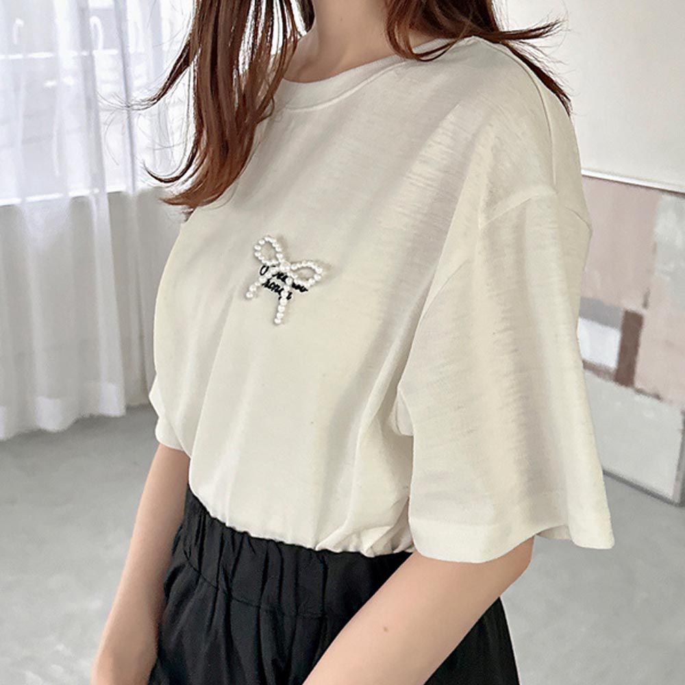 日本 GRL - 珍珠點綴甜美休閒T恤-白色 (F)