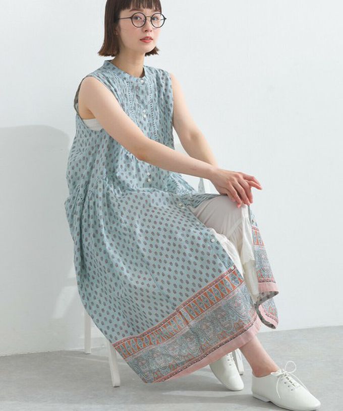 日本 Lupilien - 100%印度棉 清新印花柔軟洋裝-圖騰-深藍