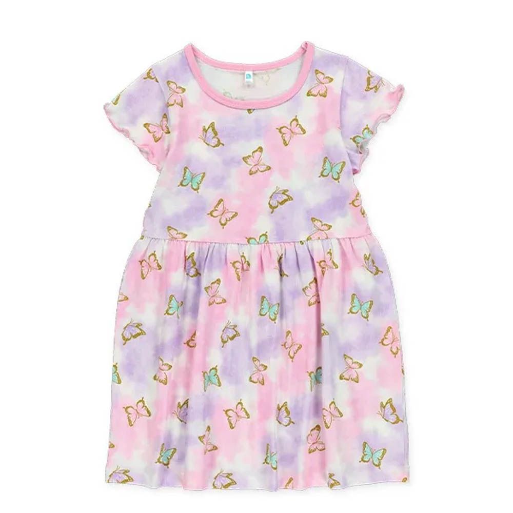 夢幻暈染木耳邊短袖洋裝-蝴蝶-粉紫