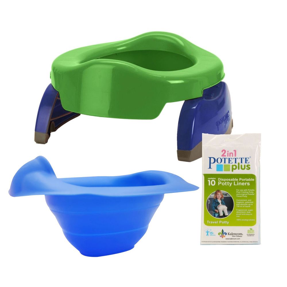 美國 Potette Plus - 可攜式馬桶-綠色+摺疊式家用防漏盆-藍色+拋棄式防漏袋10入裝)