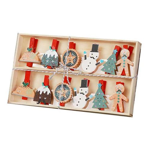 MODACore 摩達客 - 聖誕裝飾文具-原木小木夾子10入套組-薑餅人雪人系款