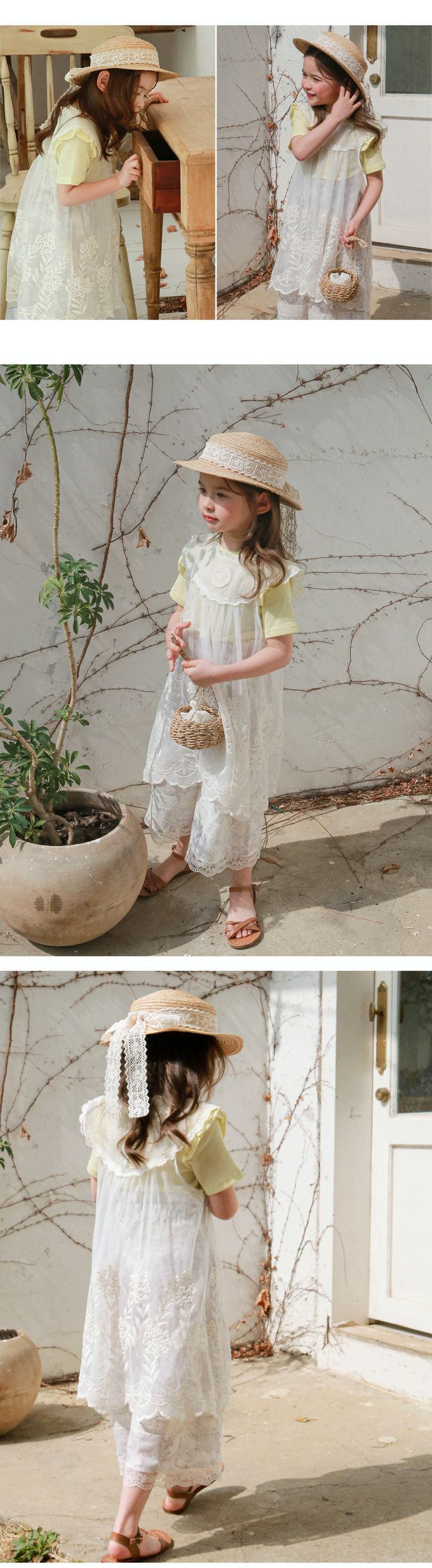 韓國 Puellaflo - 花蕾絲繡網紗背心洋裝-米白