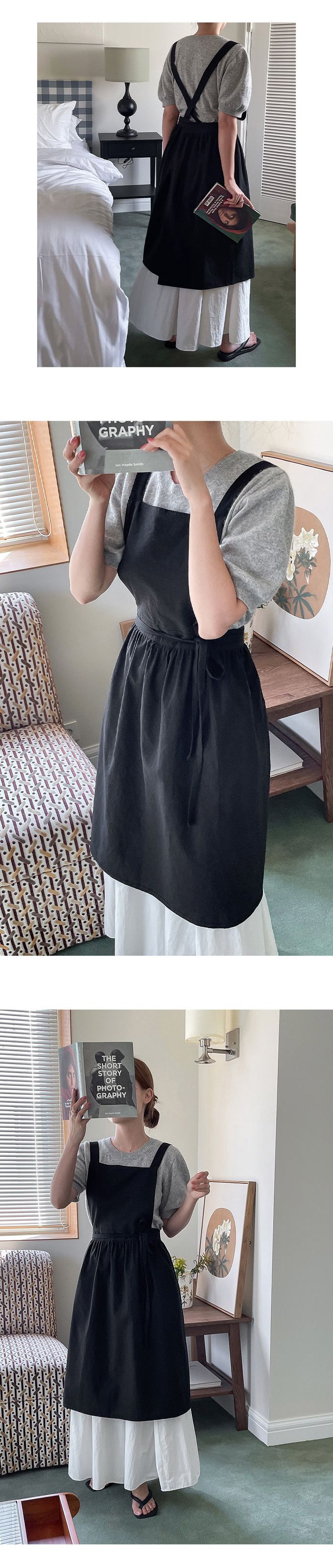 韓國 Repeat - 韓製棉麻口袋長版背心圍裙-黑