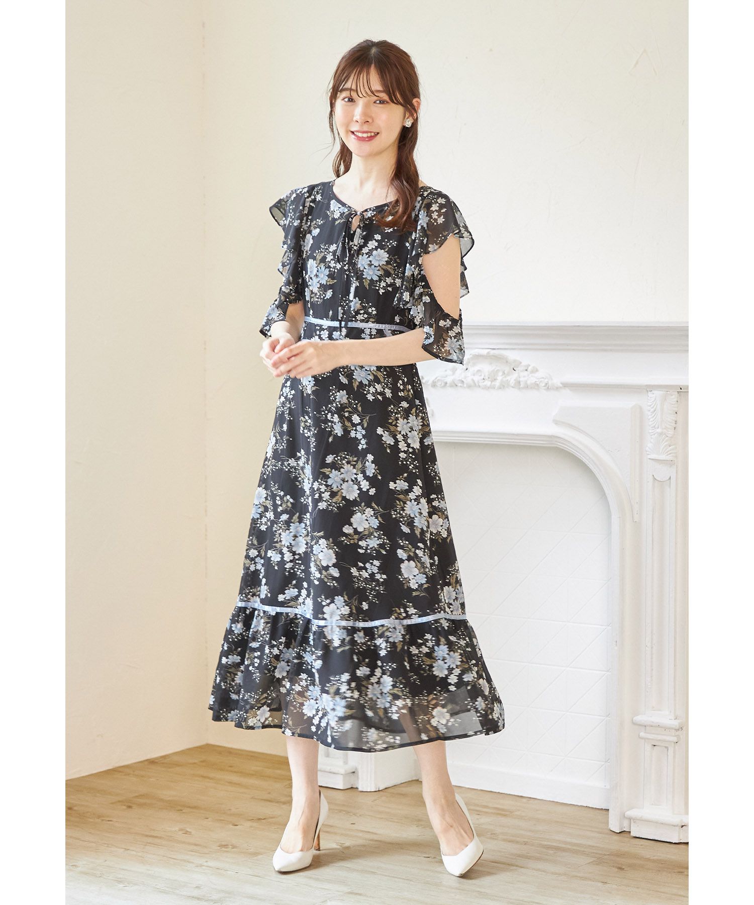 日本 tocco-closet - 精靈荷葉開袖雪紡洋裝-碎花-天使白