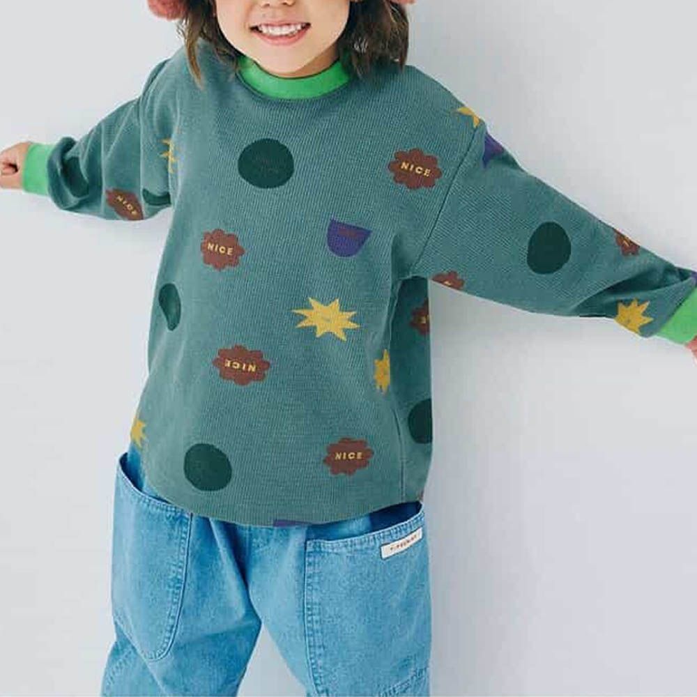 華夫格木耳邊設計感印花長袖上衣-幾何圖案-藍綠