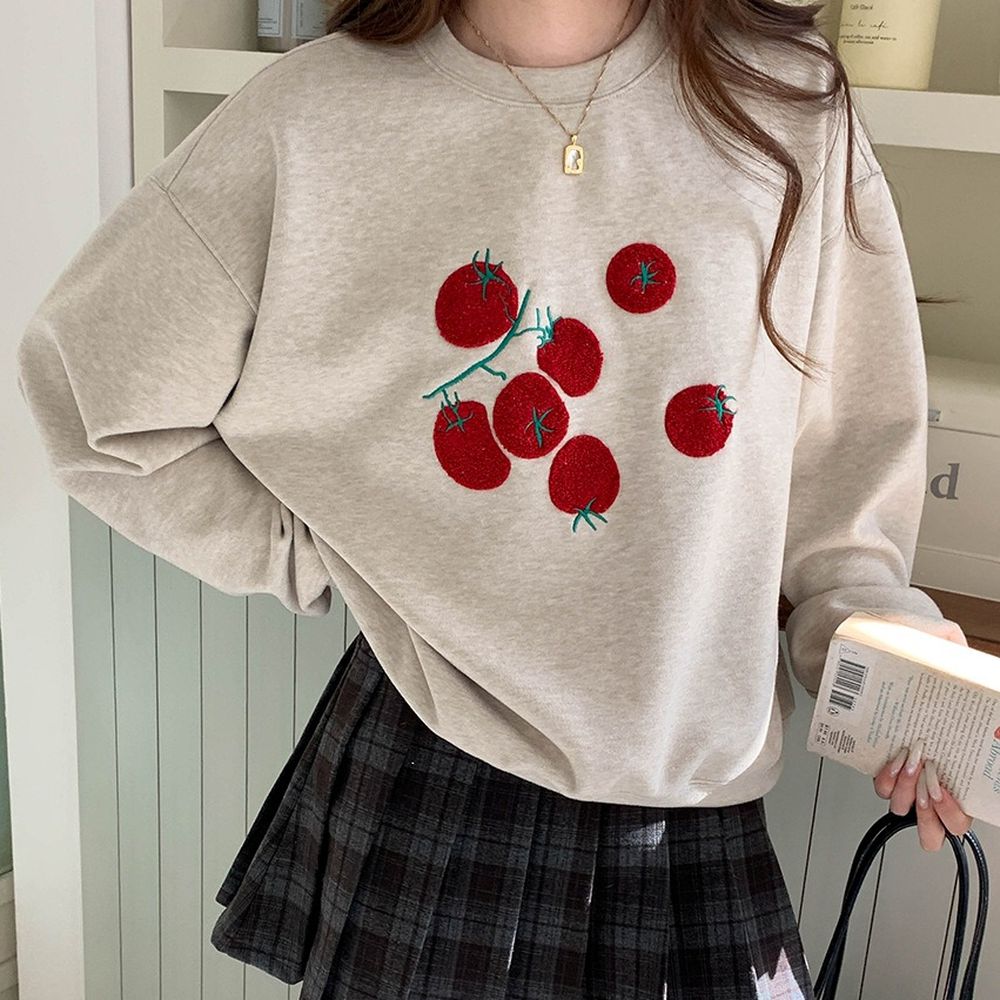 毛巾繡小蕃茄點綴長袖大學T-燕麥 (F)