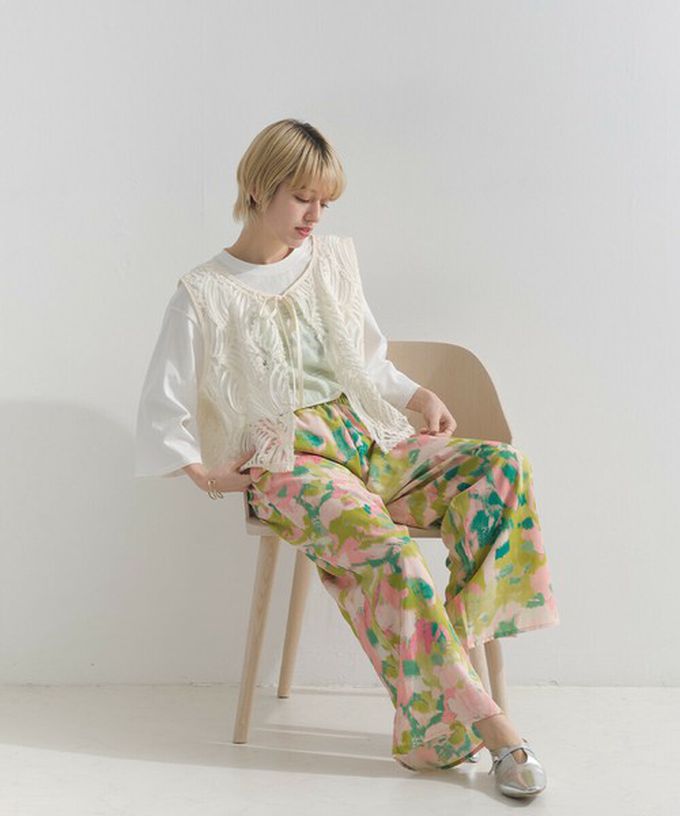 日本 le colis - [人氣款]柔和季節感印花輕盈寬褲-暈染-灰卡其