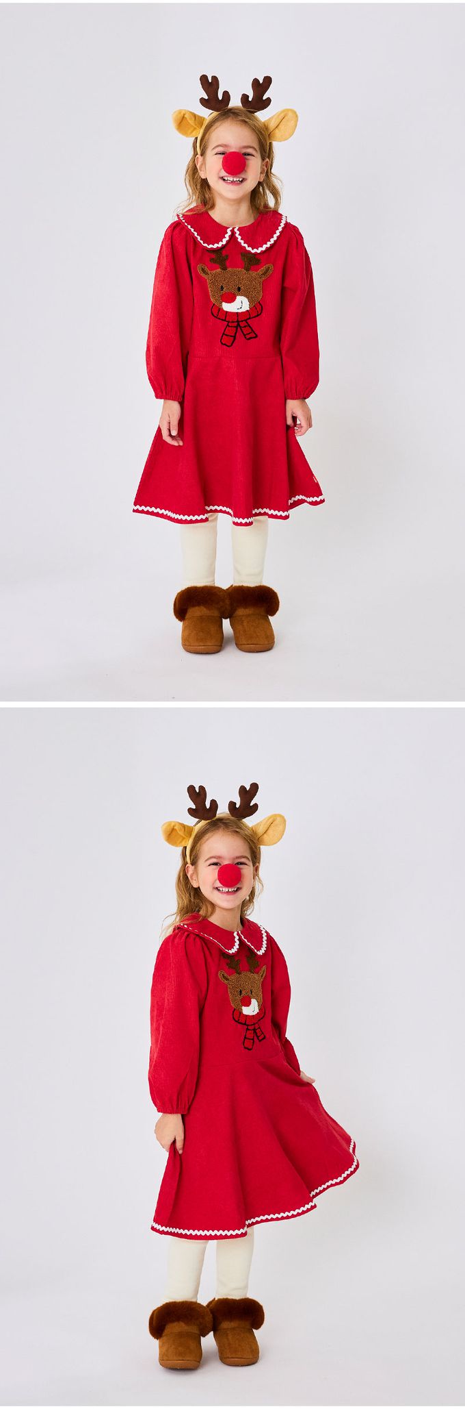 韓國 OZKIZ - 毛料馴鹿印燈芯絨洋裝/聖誕-紅