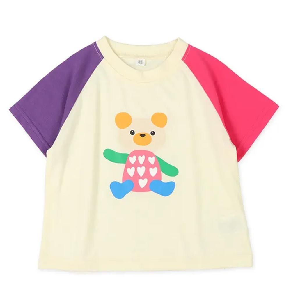 日本西松屋 - 彩色小熊印花短袖上衣-撞色-紫x粉