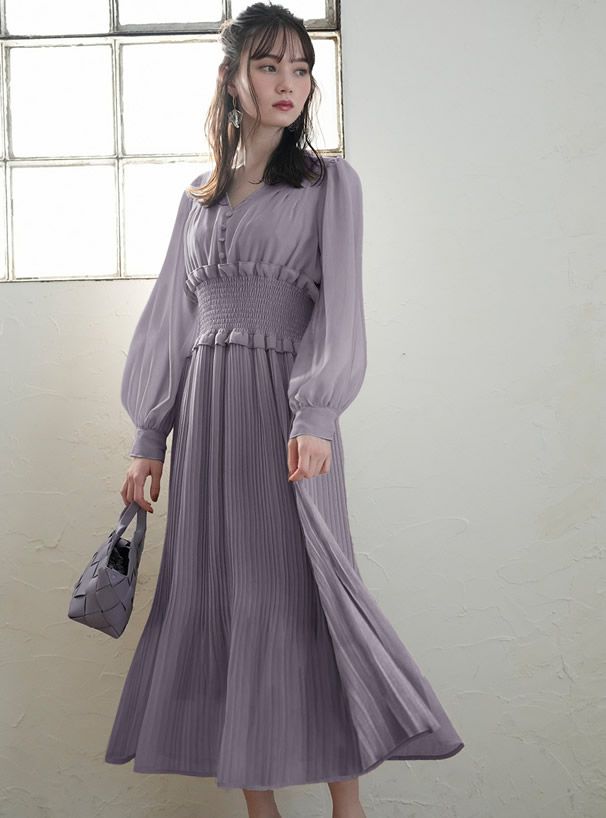 日本 GRL - 氣質V領縮腰修身洋裝-薰衣草