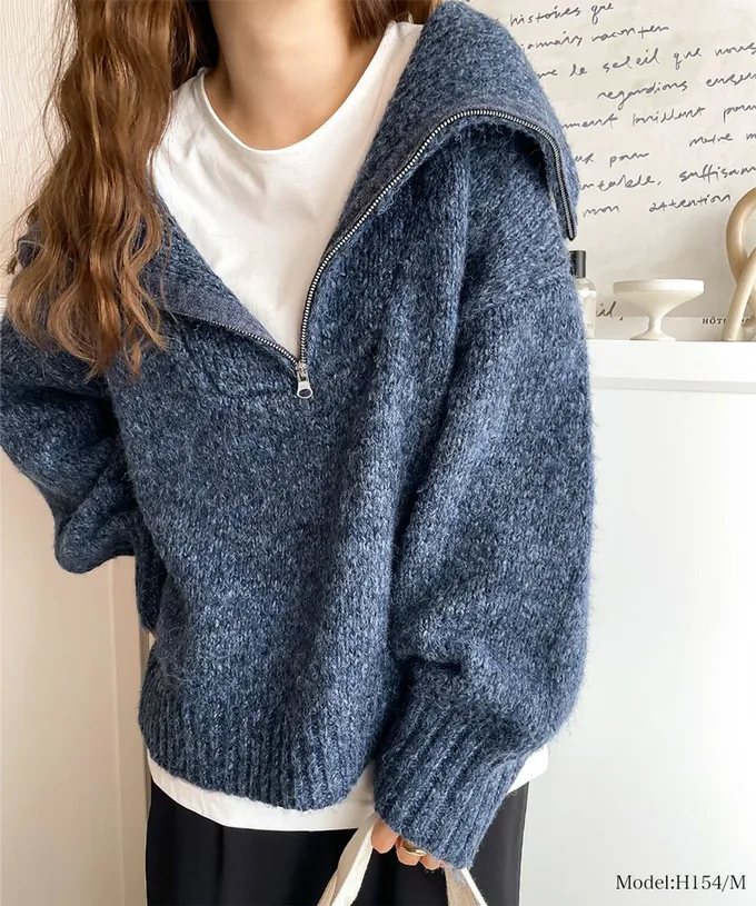 日本 Classical Elf - Java 半拉鏈率性寬鬆素面毛衣-綠