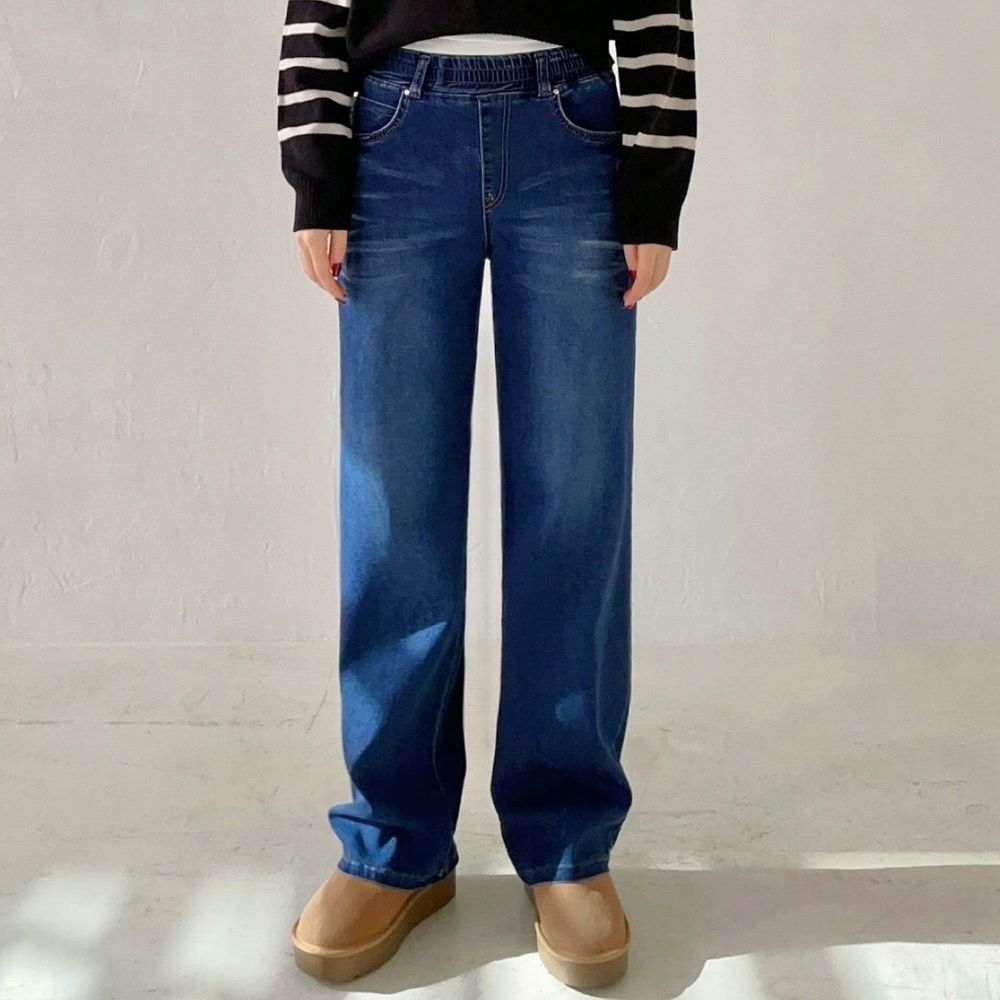 Howluk (內磨毛)鬆緊腰舒適絲柔修身丹寧褲-深藍