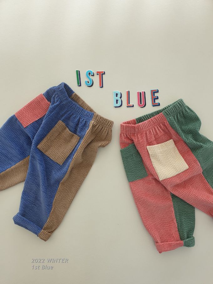 韓國 First Blue - 鬆緊腰絨布口袋雙色長褲-桃X綠