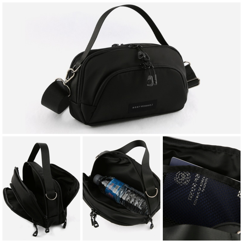 正韓製專利設計 輕巧多層收納旅行防盜斜背包(送防盜扣環)-中-黑 (23.5x14x7cm)