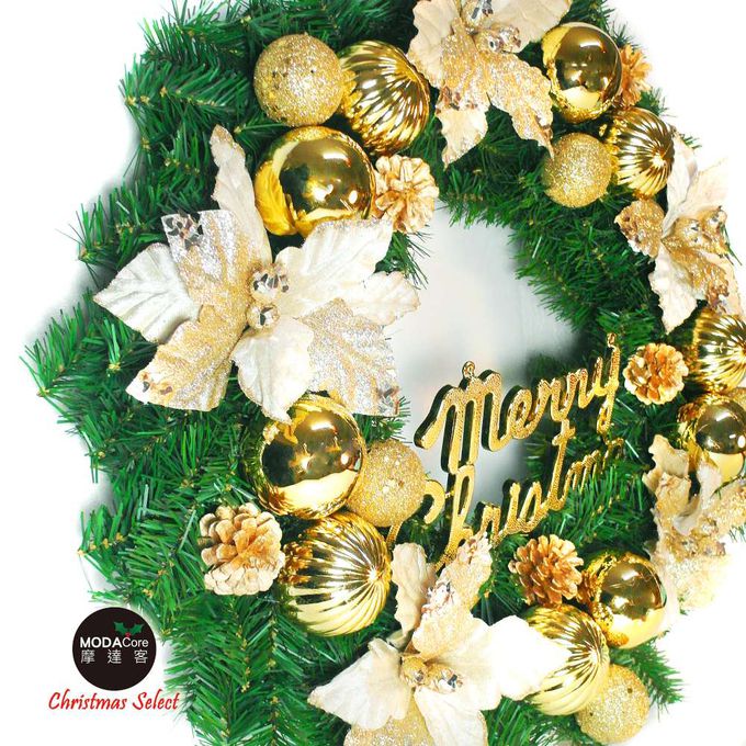 MODACore 摩達客 - 摩達客耶誕-24吋浪漫朵朵聖誕花豪華綠色聖誕花圈福臨圈(香檳雙金系)(台灣手工藝製/免組裝)  本島免運費