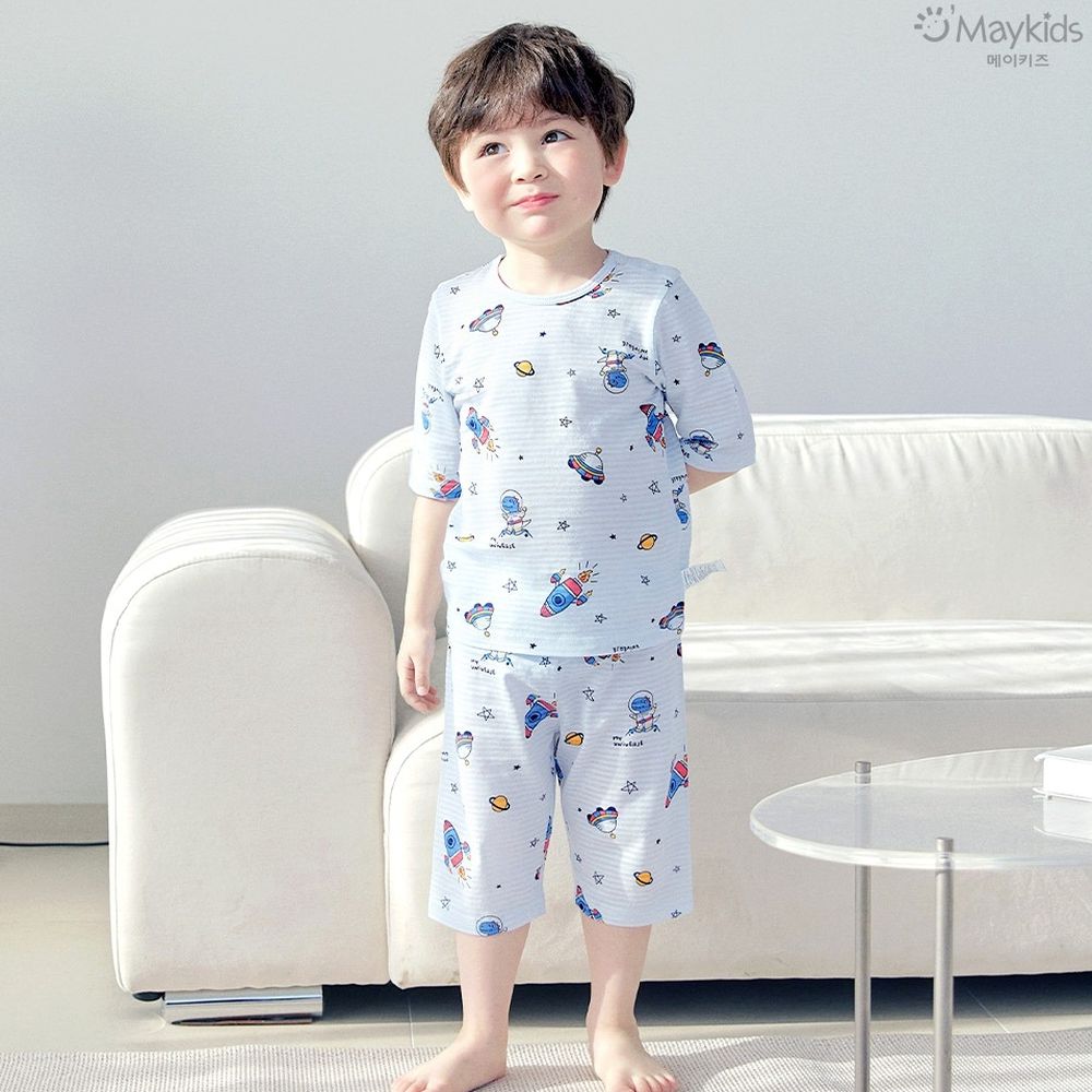 透氣條紋提花棉七分袖家居服-外太空-淺藍