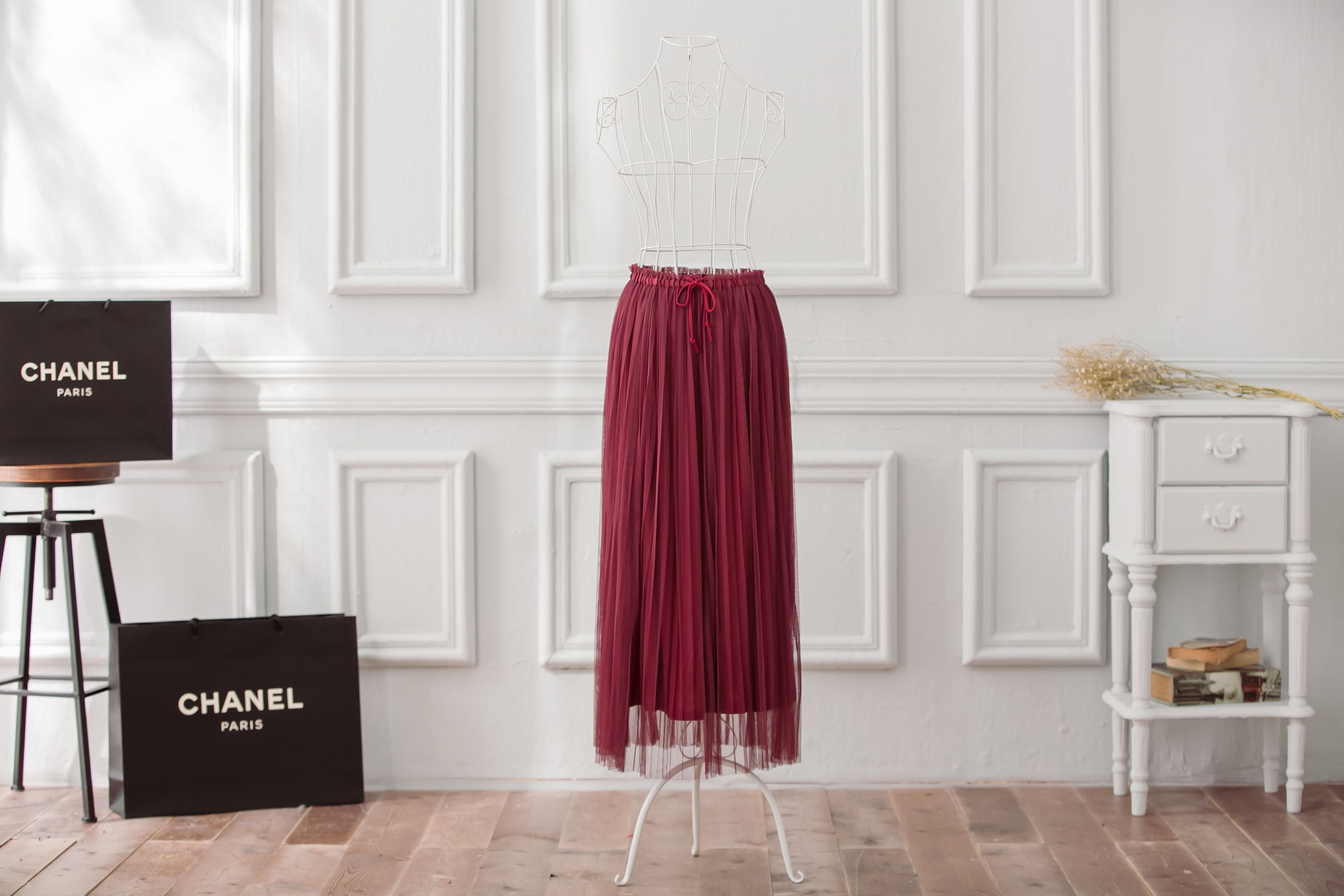 Peachy - 獨家訂製綿柔優雅綁帶百褶紗裙-綁帶百褶版-葡萄酒紅 (F)