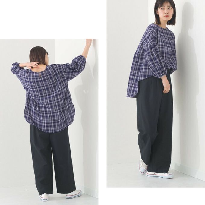 日本 OMNES - 100%印度棉 簡潔二重紗澎袖上衣-深藍格紋