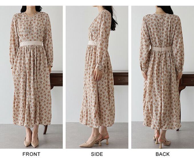 日本 BLUE EAST - 成熟花卉飄逸感V領長袖洋裝-摩卡