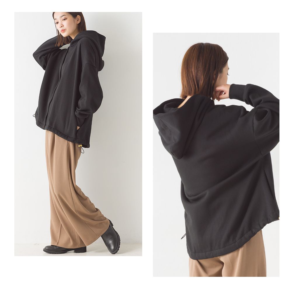 日本 OMNES - 抽繩下擺刷毛連帽外套-時尚黑