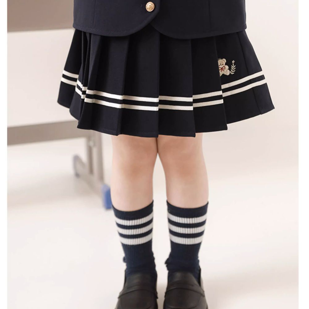 學院風撞色線條百摺短裙-藏青