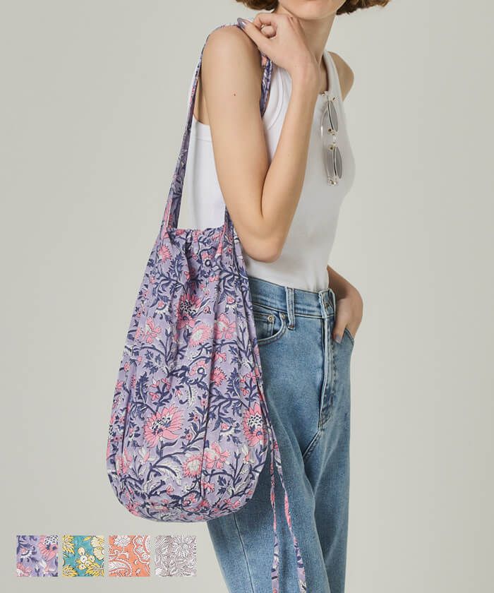 日本 COCA - 100%印度棉木刻版印刷抽繩托特包/購物袋-粉紫