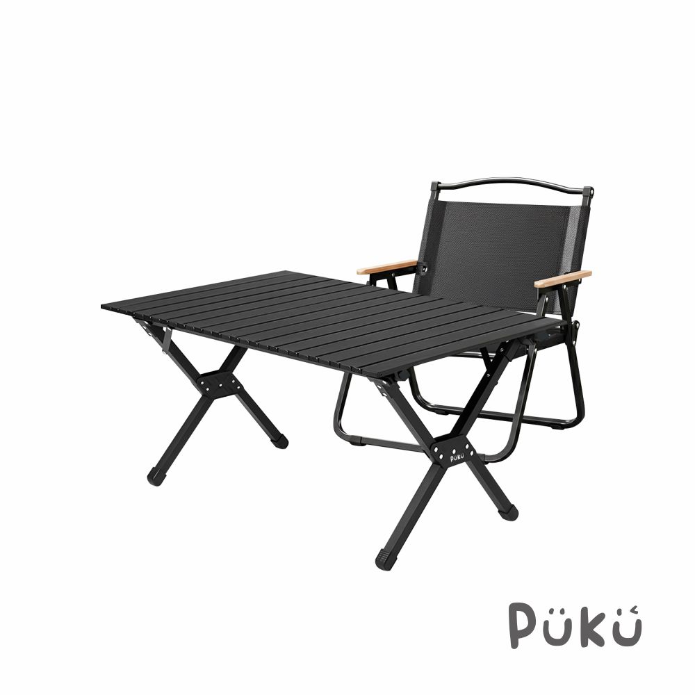 OUT露 蛋捲折疊桌90X60cm+經典扶手折疊椅53.5X45X63cm-酷黑-1組