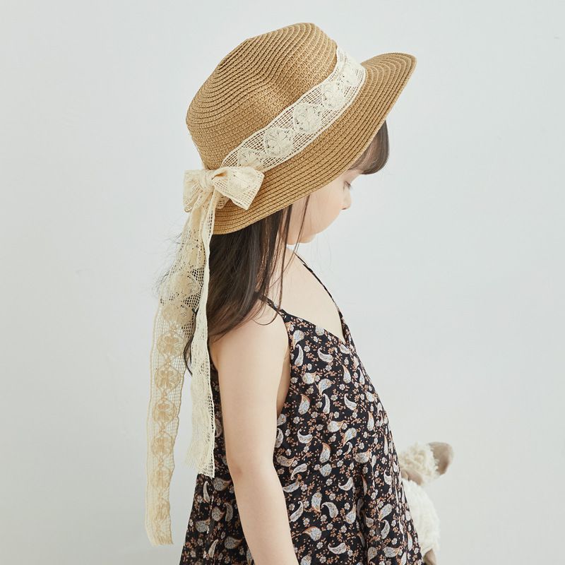 兒童公主蕾絲蝴蝶結遮陽草帽-卡其 (48-50cm)