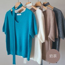 韓國女裝連線 - 繞頸繫帶設計感混羊毛短袖針織衫-奶茶 (FREE)