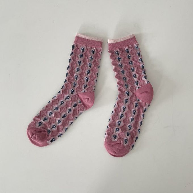 韓國Marian - 花紋鬆餅格紋中筒襪-橄欖綠 (Free)