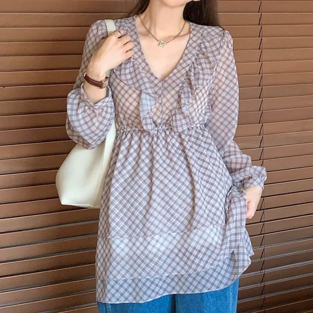 荷葉V領格紋迷你雪紡洋裝-棕X杏 (FREE)