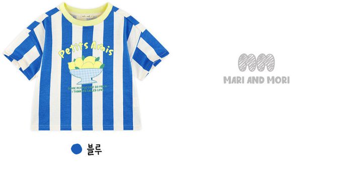 韓國 WALTON kids - 寬直紋萊姆印短袖上衣-寶藍