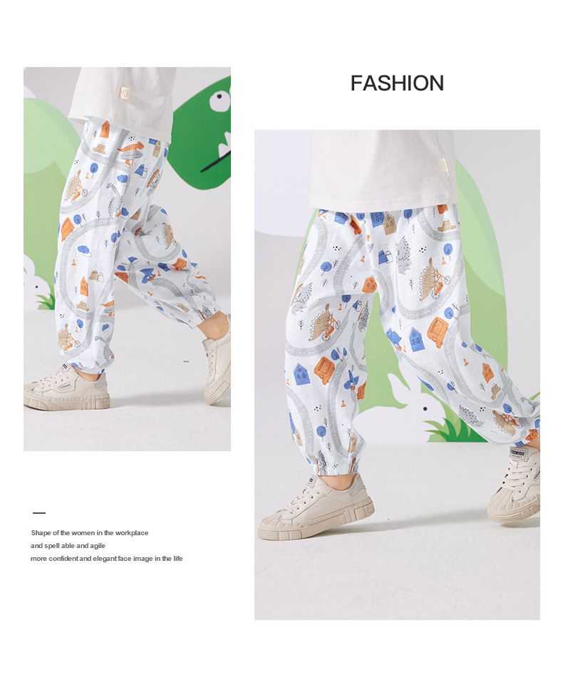 純棉束口長褲/防蚊褲-恐龍城鎮-白色