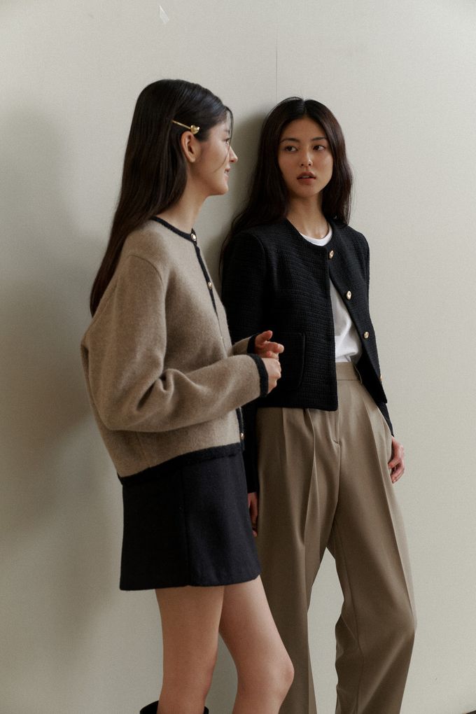 韓國女裝連線 - 百搭無領金釦針織外套-深藍 (FREE)