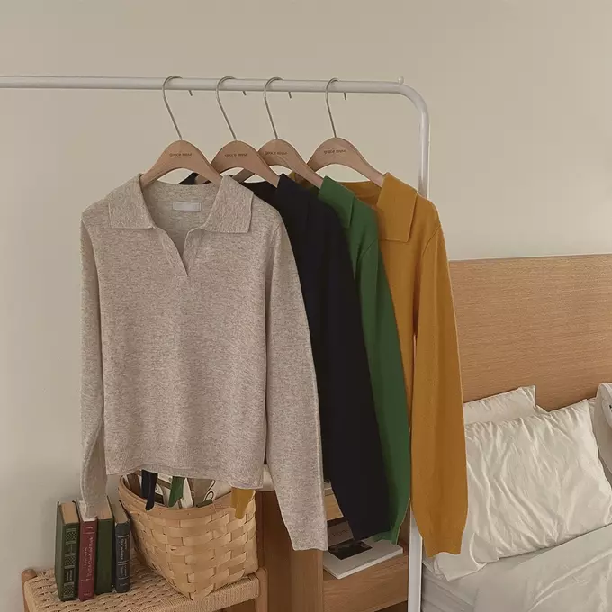 韓國女裝代購 - 小V翻領混羊毛長袖針織上衣-燕麥 (FREE)