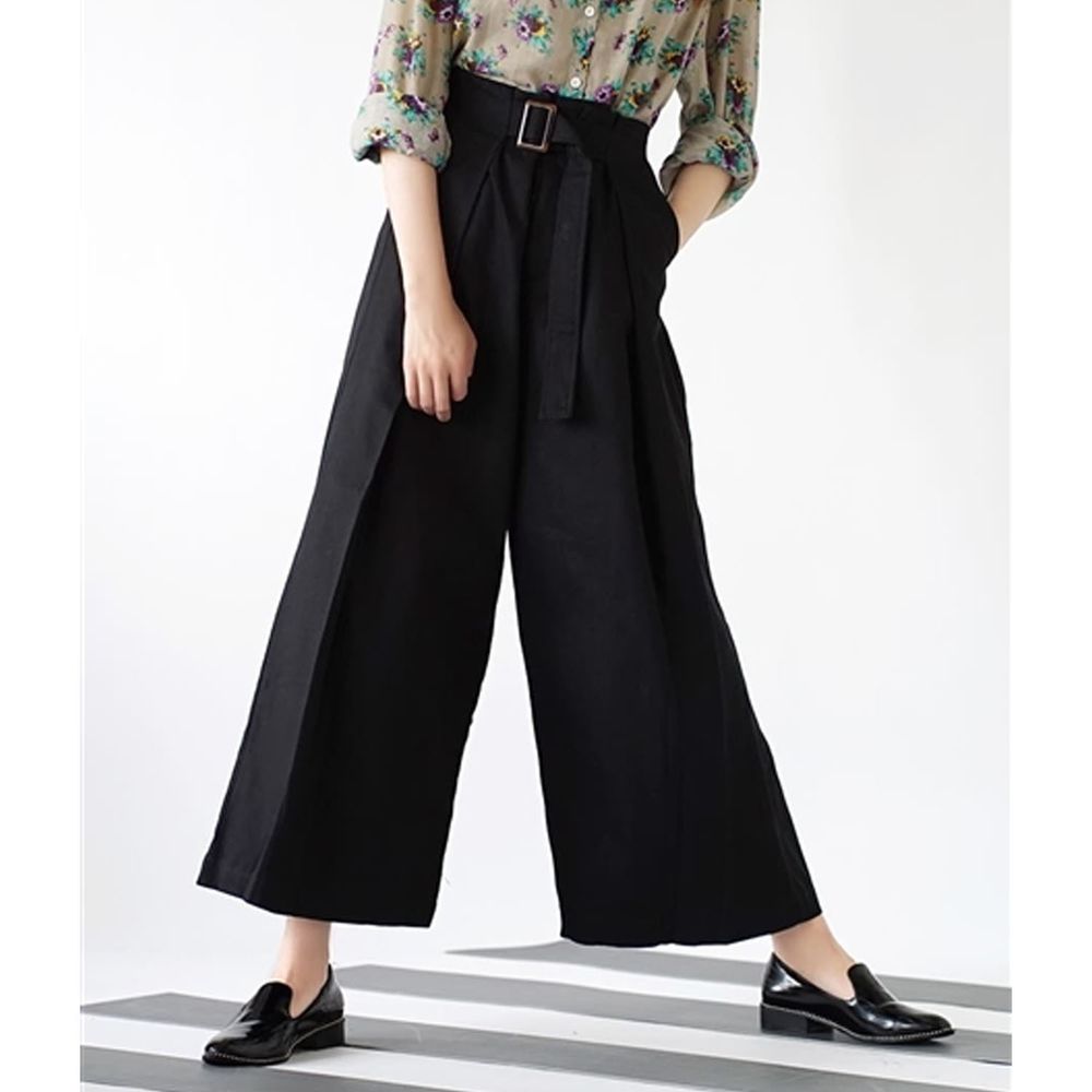 日本 zootie - 純棉率性設計感打褶腰帶寬褲-黑
