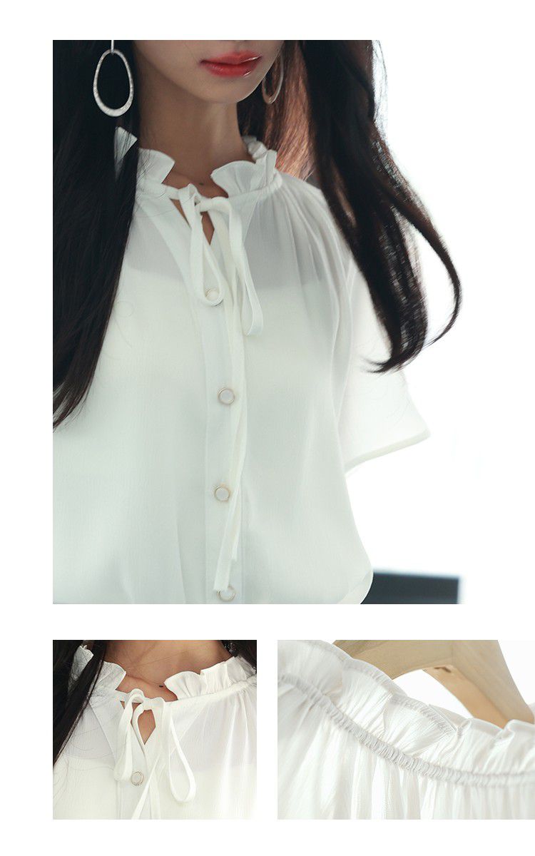 日本女裝代購 - 甜美綁帶木耳領短袖襯衫-白