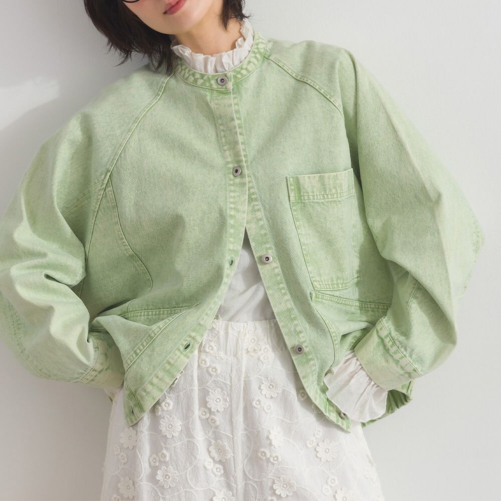 復古刷色感輕盈無領牛仔外套-淺綠