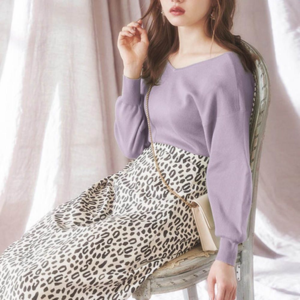 顯瘦V領簡約針織長袖上衣-薰衣草 (F)