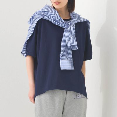 日本 OMNES - 接觸冷感 嫘縈休閒廓形短袖上衣-海軍藍