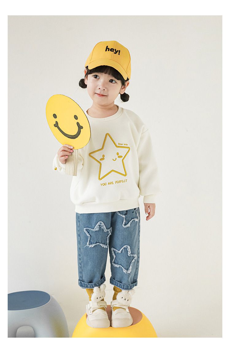 針織刺繡圓領長袖上衣-星星-米白色