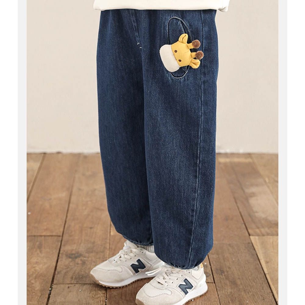 百搭休閒牛仔褲-立體長頸鹿-深藍